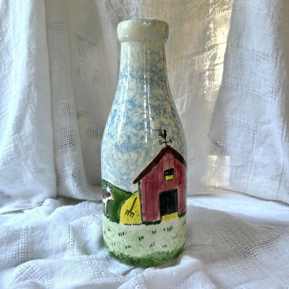 Vintage 80s Hand Painted Ceramic Milk Bottle Vase Cottage Country Barn Folk Art
